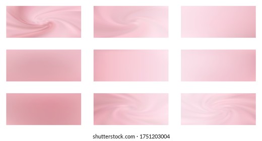Pink gold mesh gradients vector collection. Golden rose pink foil glossy blurred backgrounds set. Metallic silk texture rose gold gradients abstract graphic design for web, sale ads. Shiny badges.