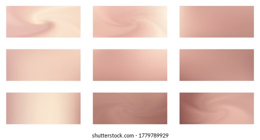 Pink gold mesh gradients vector collection. Golden rose pink foil glossy blurred backgrounds set. Metallic silk texture rose gold gradients abstract graphic design for web, sale ads. Shiny badges.