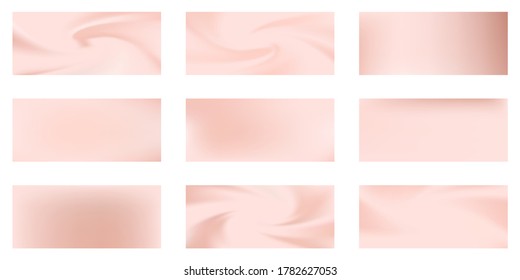 Pink gold mesh gradients vector collection. Golden rose pink foil glossy blurred backgrounds set. Metallic silk texture rose gold gradients abstract graphic design for web, sale ads. Shiny badges.