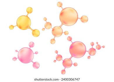 Pink, gold molecule of hyaluronic acid or collagen, nano 3D cell, vector bio scientific icon. Cosmetology treatment isolated elements. Beauty science skin care molecular concept