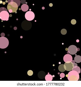 Pink gold party confetti circle decoration for party poster background. Bokeh lights effect vector. Gold, pink and rose color round confetti dots, circles scatter on black. Creative bokeh background.