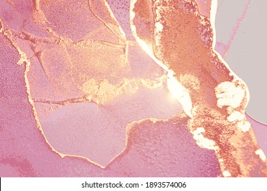 Pink and gold pattern with texture of geode and sparkles. Abstract vector background in alcohol ink technique. Modern paint with glitter. Template for banner, poster design. Fluid art painting