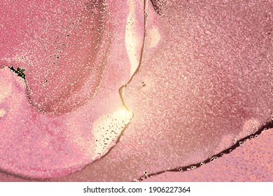 Pink and gold pattern with texture of geode and sparkles. Abstract vector background in alcohol ink technique. Modern paint with glitter. Template for banner, poster design. Fluid art painting