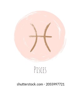 Pink gold Pisces horoscope icon, round hand painted zodiac vector sign. Circle astrological icon isolated. Pisces astrology horoscope symbol clip art on white background.