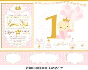 Pink and gold princess party decor. Cute happy birthday card template elements. Birthday party and girl baby shower design elements set. Seamless pattern backgrounds. svg