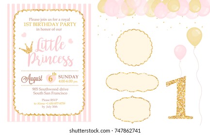 Pink and gold princess party decor. Cute happy birthday card template elements. Birthday party and girl baby shower design elements set. Glitter texture. Golden gloss effect