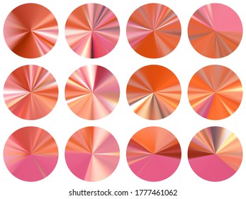 Pink gold round metallic gradient web elements vector set. Isolated trendy medal shapes. Button metal surface gradient backgrounds. Icon backgrounds material design.
