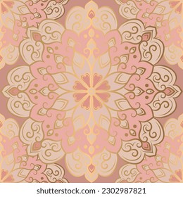 Patrón inmaculado rosa y dorado con adorno de mandala. Motivos tradicionales árabes e indios. Ideal para tejidos y textiles, papel pintado, embalaje o cualquier idea deseada.