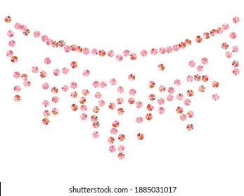 Pink gold sequin confetti scatter vector background. Rhythmic gymnastics dress sequins background. Delicate shiny bead elements party decor. Theater costume paillettes.