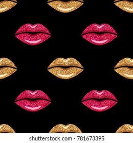 Pink And Gold Shimmer Lipstick. Kiss Lips, Girl Mouth. Makeup Seamless Pattern, Fashion Wallpaper. Vector Illustration.