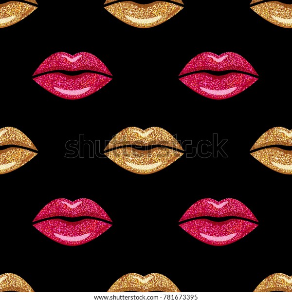 ピンクと金色のチラチラした口紅 唇にキス 女の子の口 シームレスな模様 ファッション壁紙 ベクターイラスト のベクター画像素材 ロイヤリティフリー