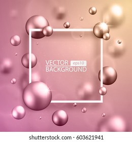 Pink and gold shiny balls in space with a square frame for text. Vector illustration.
