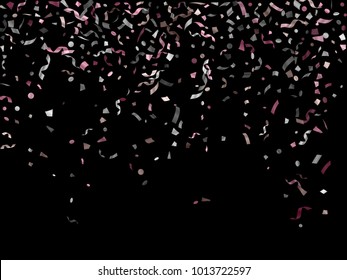 Pink gold and silver confetti flying on black background design. Trendy tinsel sparkle elements flying, gradient foil texture serpentine streamers confetti falling party background.