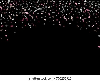 Pink gold and silver confetti flying on black vector design. Modern tinsel sparkle elements flying, gradient foil texture serpentine streamers confetti falling party background.