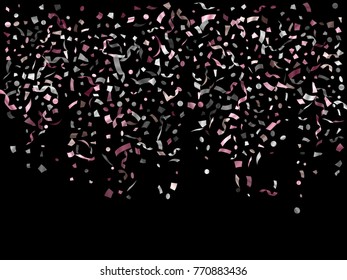 Pink gold and silver confetti flying on black background design. Glamour tinsel sparkle elements flying, gradient foil texture serpentine streamers confetti falling party background.