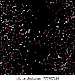 Pink gold and silver confetti flying on black vector background. Glamorous tinsel sparkle elements flying, gradient foil texture serpentine streamers confetti falling anniversary backdrop