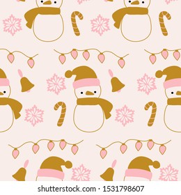 Pink and gold snowman in a seamless pattern design, perfect to use on the web or in print