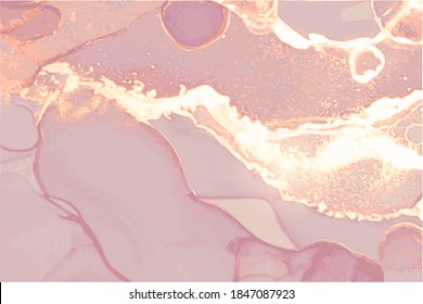Pink, and gold stone background with texture of marble. Alcohol ink oriental technique. Abstract vector art. Modern flow paint in natural colors with glitter. Design template for poster.