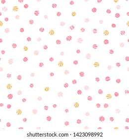 Pink and gold tiny textured circles seamless pattern - glitter dots, white background, Great for Valentines Day or wedding invitations, cards, backgrounds, gifts, packaging design projects. 
