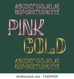 Pink and Gold typefaces. Metallic stamped font. Isolated english alphabet.