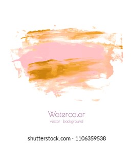 Pink Gold Vector Hand Paint Ink Texture Background, Watercolor Dry Brush Stains, Strokes, Spots, Smudge Isolated On White. Abstract Mixed Fluid Art. Illustration For Wedding Invitation, Greeting Card.