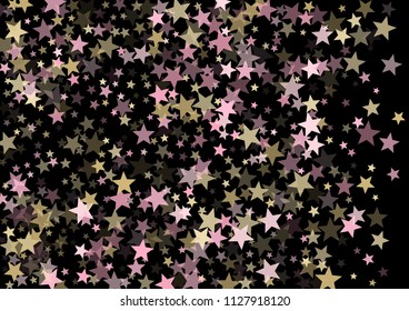 Pink gold vector star background. Gold falling sparkle pattern on black. Christmas, New Year, Birthday party festive holiday rose gold flying and falling stars background, metallic glitter design.