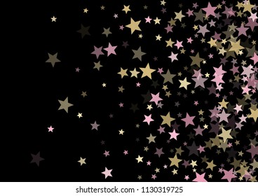 Pink gold vector star background. Gold falling sparkle pattern on black. Christmas, New Year, Birthday party festive holiday rose gold flying and falling stars background, metallic glitter design.