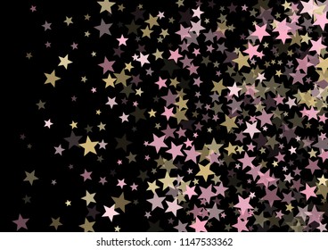 Pink gold vector star background. Gold falling sparkle pattern on black. Christmas, New Year, Birthday party festive holiday rose gold flying and falling stars background, metallic glitter design.