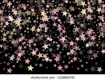 Pink gold vector star background. Gold falling sparkle pattern on black. Christmas, New Year, Birthday party festive holiday rose gold flying and falling stars background, metallic glitter design.