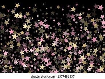 Pink gold vector star background. Gold falling sparkle pattern on black. Christmas, New Year, Birthday party festive holiday rose gold flying and falling stars background, metallic glitter design.