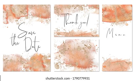 Pink and gold wedding set with hand drawn watercolor background. Includes Invintation, menu, information and thank you cards templates. Vector set