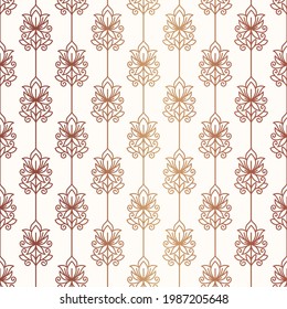 Pink gold and white seamless vector pattern with beautiful floral ornaments. Traditional Turkish, Indian motifs. Great for fabric and textile, wallpaper, packaging or any desired idea.