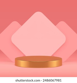Pink golden 3d podium pedestal mock up for cosmetic product show realistic vector illustration. Luxury elegant feminine pastel display advertising showcase for shopping sale presentation