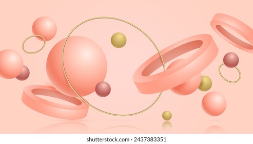 Pink golden 3d shapes floating background vector design in eps 10