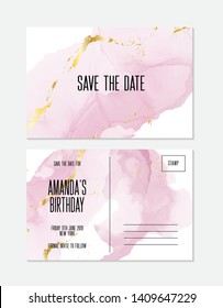 Pink golden birthday decoration. Tender rose gold decoration, greeting card. Modern Invitation template of watercolor ink plash