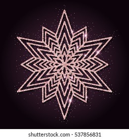 Pink golden glitter bewitching snowflake. Luxurious christmas design element, vector illustration.