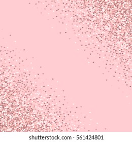 Pink golden glitter made of hearts. Scatter cornered border on pale_pink valentine background. Vector illustration.
