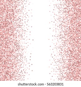 Pink golden glitter made of hearts. Scattered frame on white valentine background. Vector illustration.