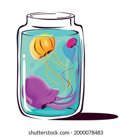 Pink and golden jellyfish float in a glass jar, world behind glass, aquarium. vector illustration in cartoon watercolor style isolated on white background