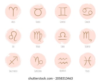 Pink gols zodiac symbols vector set, hand painted astrology signs. Aries, Taurus, Gemini, Cancer, Leo, Virgo, Libra, Scorpio, Sagittarius, Capricorn, Aquarius, Pisces icons isolated on white.