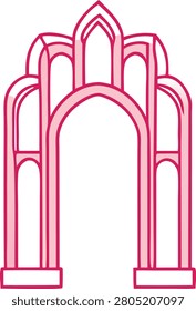 Pink gothic arch vector, symmetrical cathedral entrance, pointed archway design, architectural building element, stylized decorative gate, tiered pillar construction illustration.
