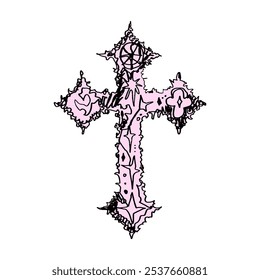 Cruz gótica rosa em yk2 drenar goth moda estética desenhada à mão coração isolado. Escova, elemento de decoração de tinta. Vetor de design moderno estampado ornamentado, clipart. gótico estética desenhado à mão moda preto