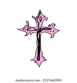 Cruz gótica rosa em yk2 drenar goth moda estética desenhada à mão coração isolado. Escova, elemento de decoração de tinta. Vetor de design moderno estampado ornamentado, clipart. gótico estética desenhado à mão moda preto