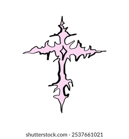 Cruz gótica rosa em yk2 drenar goth moda estética desenhada à mão coração isolado. Escova, elemento de decoração de tinta. Vetor de design moderno estampado ornamentado, clipart. gótico estética desenhado à mão moda preto