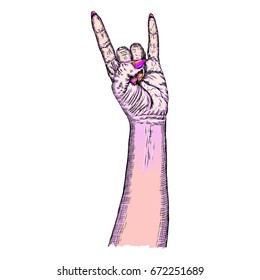 Pink gothic emo witch craft Millennials girl hand in rock n roll sign Heavy  metal music poster. Female feminine magic wrist fist gesture of demon, evil, Satan. Vector. 