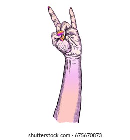 Pink gothic emo witch craft Millennials girl hand in rock n roll sign Heavy  metal music poster. Female feminine magic wrist fist gesture of demon, evil, Satan. Vector. 