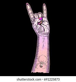 Pink gothic emo witch craft girl hand in rock n roll sign with poison spider and web flash tattoo. Heavy  metal music poster. Female feminine magic wrist fist gesture of demon, evil, Satan. Vector. 