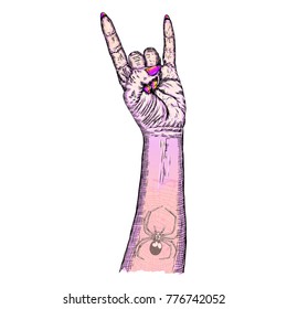 Pink gothic emo witch craft girl hand in rock n roll sign with poison spider and web flash tattoo. Heavy  metal music poster. Female feminine magic wrist fist gesture of demon, evil, Satan. Vector. 