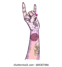 Pink gothic emo witch girl hand in rock n roll sign with human skull and rose flash tattoo. Rock and metal music poster. Female feminine wrist or fist with gesture of demon, evil, Satan. Vector. 