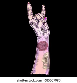 Pink gothic emo witch girl hand in rock n roll sign with human skull and rose flash tattoo. Rock and metal music poster. Female feminine wrist or fist with gesture of demon, evil, Satan. Vector. 